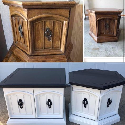 Octagon End Table Makeover, Refurbished Armoire Ideas, Hexagon Tables, Hexagon Cabinet, Reno Furniture, Chair Flip, Refurbished Furniture Diy, Furniture Transformation, Refurbishing Furniture