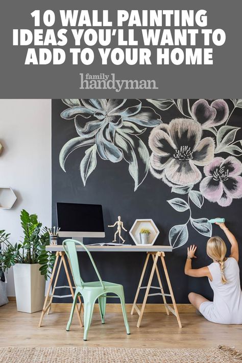 Cool Wall Painting Ideas, Wall Painting Ideas Creative, Chalkboard Wall Decor, Black Feature Wall, Office Mural, Wall Murals Diy, Diy Mural, Accent Wall Paint, Diy Wall Painting