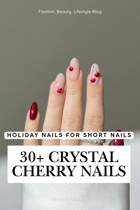 30+ crystal cherry nails, perfect for creating a trendy and eye-catching look this holiday season. Featuring beautiful white French tip nails on natural nails, these designs are ideal for short nails, offering a stylish and effortless way to shine through the holidays. Short Cherry Nails Designs, Cherries Nail Art, Cherry Design Nails, Nail Shape For Fat Fingers, Nails On Natural Nails, Cherry Nails Designs, Cherries Nails, Best Nail Shape, Nails For Short Nails