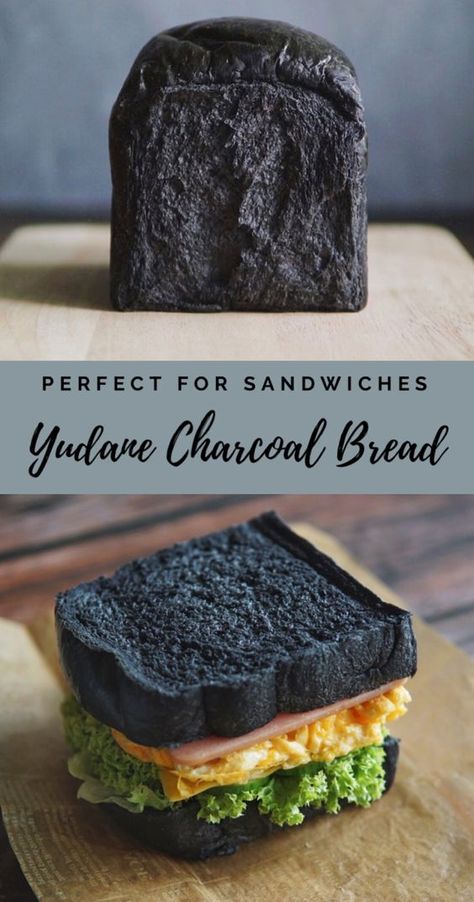 Mysterious looking black charcoal loaf that stays soft and moist for days – making the perfect sandwich loaf. Black Foods, Charcoal Bread, The Perfect Sandwich, Black Bread, Perfect Sandwich, Sandwich Loaf, Best Bread Recipe, Black Food, Ayam Goreng