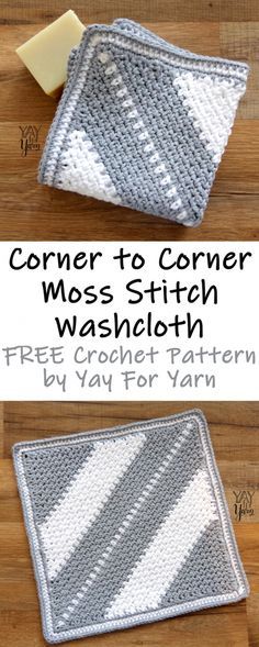 Corner to Corner Moss Stitch Washcloth – FREE Crochet Pattern – Yay for Yarn Crochet Washcloth Free, Crochet Dish Cloth Free Pattern, Crochet Washcloth Pattern, Corner Crochet, Corner To Corner Crochet, Dishcloth Crochet Pattern, Washcloth Pattern, Crochet Dishcloth, Crochet Washcloth