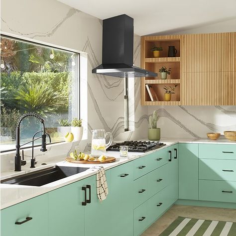 Kitchen painted in a mint green Kitchen With Lower Cabinets, Mint Green Kitchen Cabinets, Green Lower Kitchen Cabinets, Cabinets With Open Shelving, Large Picture Window, Mint Kitchen, Lower Cabinets, Cabinets Painted, Mediterranean Kitchen