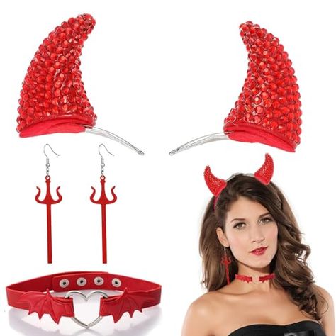 eyigylyo Halloween Devil Costume Accessory Devil Horns Hair Clips Devil Choker Necklace Earrings for Women Halloween Dress Up Cosplay Accessories Adjustable Choker Necklace For Halloween, Adjustable Choker For Halloween Cosplay, Devil Costume Hair Ideas, Metal Halloween Choker Jewelry, Devil Horn Hair, Red Choker, Bat Costume, Devil Costume, Halloween Accessories Hair