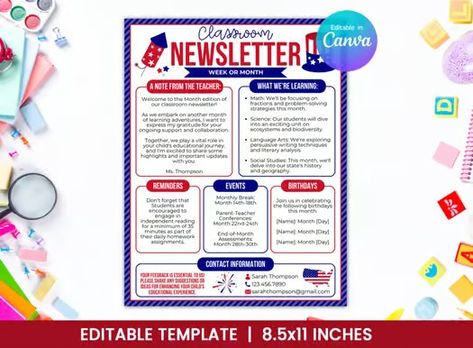 Editable Classroom Newsletter Template for July - 4th of July Design - TCHRNWSL Persuasive Writing Techniques, 4th Of July Design, Senior Living Activities, July Design, Classroom Newsletter Template, Classroom Newsletter, Literary Analysis, Newsletter Template, Parent Communication