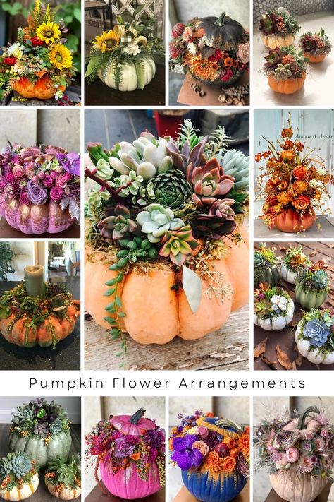 DIY Pumpkin Flower Arrangements: A Festive and Fun Way to Celebrate Fall Thanksgiving Pumpkin Decorating, Pumpkin Flower Arrangements, Pumpkin Flower Arrangement, Fall Ideas Decorating, Pumpkin Floral Arrangements, Diy Fall Ideas, Fall Porch Ideas, Succulent Pumpkin, Pumpkin Vase