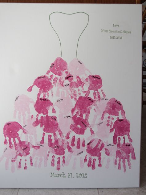 I made this for my daughter's Preschool Teacher.  I drew the top of her wedding dress on an art canvas then made the skirt out of her students' hand prints. Her colors were dark and light pink and light green. Light And Dark Art, Bridal Shower Crafts, Teacher Wedding Gift, Art Preschool, Teacher Wedding, Wedding Activities, Class Gift, Diy Teacher Gifts, Classroom Fun