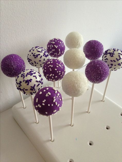 Purple And White Decorations Birthday, Purple And Silver Cake Pops, Purple Cake Pops Ideas, Purple And White Birthday Party Ideas, Purple Snacks For Party, Purple And White Cake, Purple Cake Pops, White Cake Pops, Purple Cakes Birthday