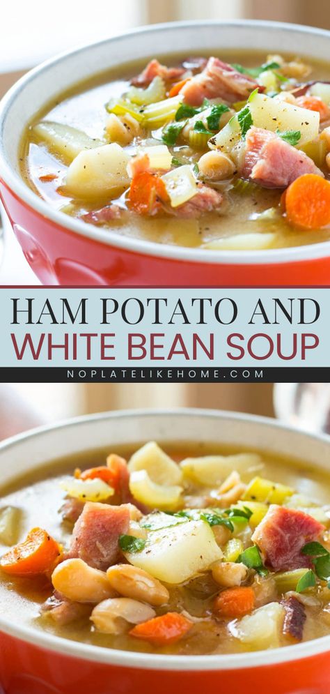 This Ham Potato and White Bean Soup is one of the best weeknight dinner ideas for the family! This easy comfort food recipe has a robust combination of smoky ham, hearty beans, and aromatic vegetables. Pin this recipe! Bean Soup With Potatoes, Potato And White Bean Soup, Ham And White Bean Soup, White Beans And Ham, Soup With Potatoes, Easy Homemade Soups, Ham And Bean, Ham And Potato Soup, Ham Potato