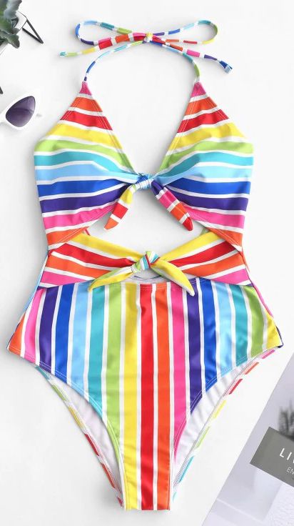 Rainbow Swimwear For Poolside Beachwear, Rainbow Beachwear Swimwear For Pool, Rainbow Swimwear For Poolside, Rainbow Swimwear For The Beach, Rainbow Print Beachwear Swimwear, Rainbow Swimsuit, Halter Pattern, Zaful Swimwear, Backless Swimsuit