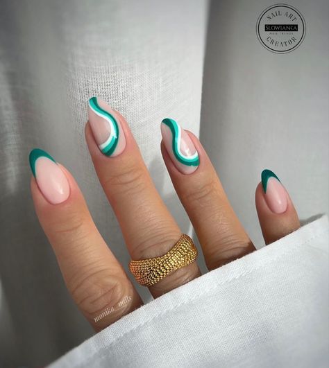 Green Swirl French Tip Nails, French Tip With Green Design, Teal Green French Tip Nails, Dark Green Swirl Nails, Green French Tips Nails, Teal French Tips, Green Swirl Nails, Swirl Nail Designs, Green French Tip