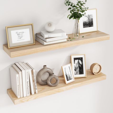 PRICES MAY VARY. 【Solid Paulownia Wood】Made of natural premium paulownia, our wall shelves are lightweight but sturdy and durable. Each shelf can hold up to 30lbs. 【Long Floating Shelves】17/24/30/36/48 inch floating shelves can easily create more storage space to meet your daily needs. 【Versatile & Functional】Floating wall shelf with a rustic look and finish suits any room style, helping reduce clutter and keep items organized. 【Easy to Assemble】Comes with all mounting hardware and instructions. Raw Wood Shelves, Natural Wood Floating Shelves, Entryway Floating Shelves, Shelves Above Desk, Shelves For Living Room, Floating Shelves Bedroom, Oak Floating Shelves, Floating Shelf Decor, Shelves For Wall