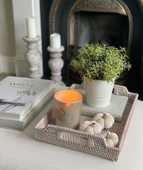 Footstool Tray Styling, Victorian Terrace Renovation, Property Renovation, Rattan Tray, Black Tray, Tray Styling, Neutral Interiors, Victorian Terrace, Neutral Decor