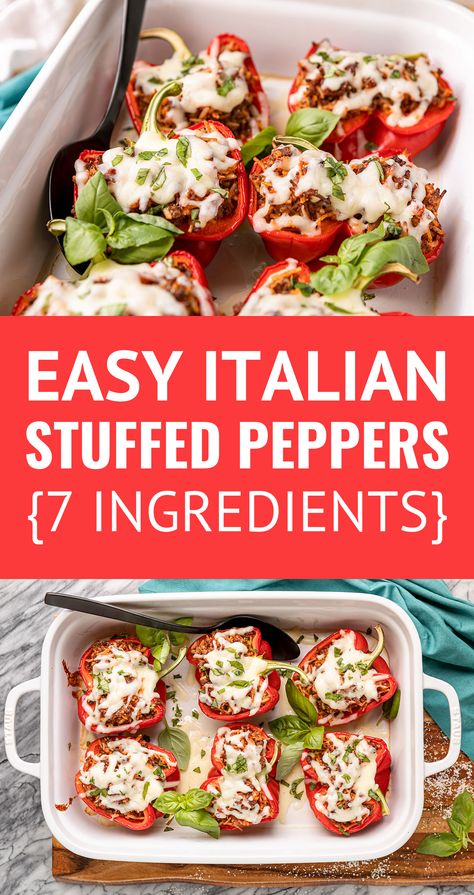 Easy 7-ingredient Italian Stuffed Peppers -- with just 7 ingredients and packed full of flavor, this Italian stuffed peppers recipe is the ideal easy weeknight meal. You can't go wrong with these sweet red bell peppers stuffed with a cheesy, hearty ground beef and rice filling! #easyrecipe #stuffedbellpeppers #groundbeefrecipes #peppers #comfortfood #familyrecipes Bell Peppers Stuffed, Italian Stuffed Peppers, Ground Beef And Rice, Stuffed Peppers Recipe, Red Bell Peppers, Roast Beef Recipes, Easy Party Food, Beef And Rice, Peppers Recipes