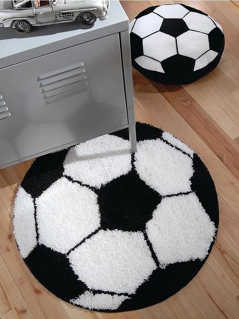 Black And White Bathroom Rug, Soccer Themed Bedroom, Soccer Bedroom, White Bathroom Rug, Soccer Room, Football Rooms, Football Rug, Football Bedroom, Black And White Football