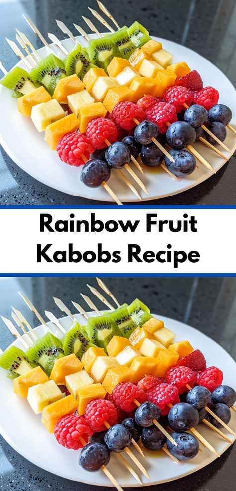 Planning a party? Try our rainbow fruit kabobs recipe! These colorful fruit kabobs for parties are perfect as a fun and healthy kids party food. Colorful Birthday Party Food, Fruit Kabobs For Party, Fruit Cups For Party, Rainbow Bachelorette, Fruit And Vegetable Recipes, Rainbow Kids Party, School Desserts, Healthy Kids Party Food, Fruit Boards