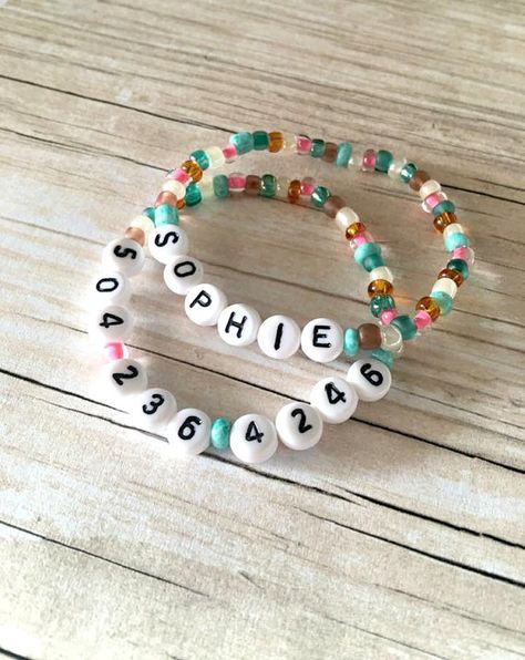 Gifts for Kids Phone Number Bracelet Childrens by mkwdesignco Kids Safety Bracelet, Phone Number Bracelet, Safety Bracelet, Mens Bracelet Diy, Bracelets Kandi, Pony Bead Bracelets, Toddler Bracelet, Making Bracelets With Beads, Kids Safety