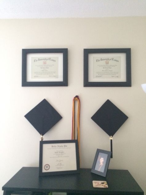 Diploma displays Diy Graduation Pictures At Home, Degree Display Office, Hanging Degrees In Office, Degree Display Ideas, College Diploma Display, Diploma Wall Display Ideas, Diploma Display Ideas, Degree Wall Display Office, Diploma Wall Display Ideas Office