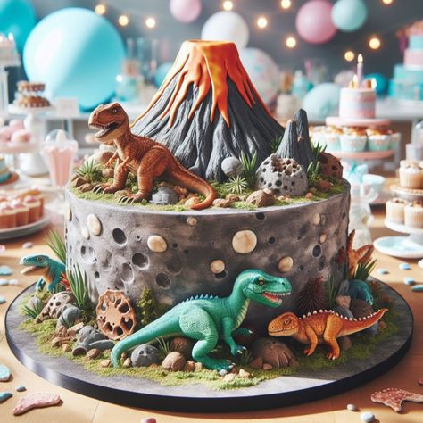 Threerex Birthday, Dinosaur Cakes For Boys, Airplane Birthday Cakes, Dinosaur Birthday Decorations, Volcano Cake, Jurassic Park Birthday, Amazing Food Photography, 7th Birthday Cakes, Dragon Cakes