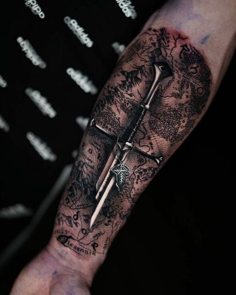 Anduril Tattoo Lord Of The Rings Half Sleeve Tattoo, Lord Of The Rings Narsil Tattoo, Narsil Anduril Tattoo, Lotr Evenstar Tattoo, Lotr Map Tattoo, Mens Bicep Tattoo Ideas, Lord Of The Rings Sleeve Tattoo, Lotr Evenstar, Narsil Tattoo Design