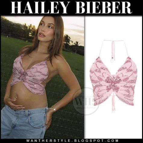 Hailey Bieber in pink embellished crop top on May 15 2024 Hailey Bieber In Pink, Sequin Butterfly, Embellished Crop Top, Hailey Bieber Style, Hailey Baldwin Style, Model Street Style, Butterfly Top, Gym Style, Hailey Baldwin