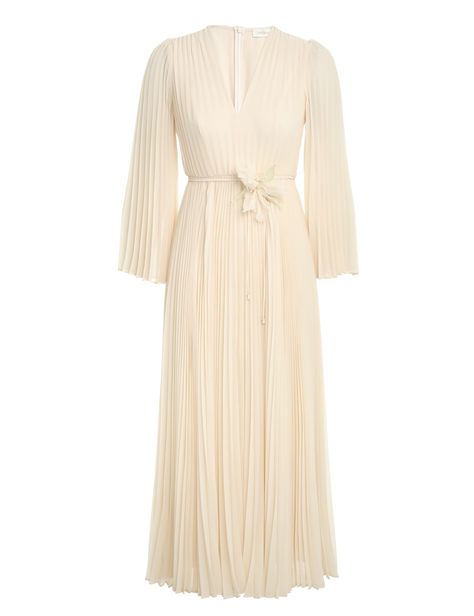 The Sunray Midi Dress in Cream from our Fall 2023 Collection, Luminosity. A midi dress featuring sunray pleats throughout, with flare sleeves and rouleau waist tie. Pleated Dresses, Garment Care Labels, Royal Outfits, Pleated Midi Dress, Classic Dress, Cream Dress, Fine Fabric, Flared Sleeves, Resort Wear