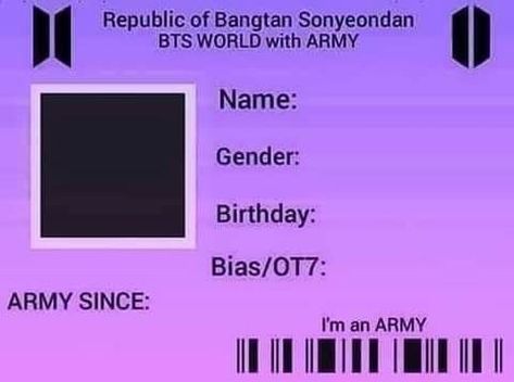 Army Id Card, Id Card Design Kpop, Bts Tickets, Collage Photo Frame Design, About Me Template, Pineapple Sticker, Easy Korean Words, Bts Name, Bts History