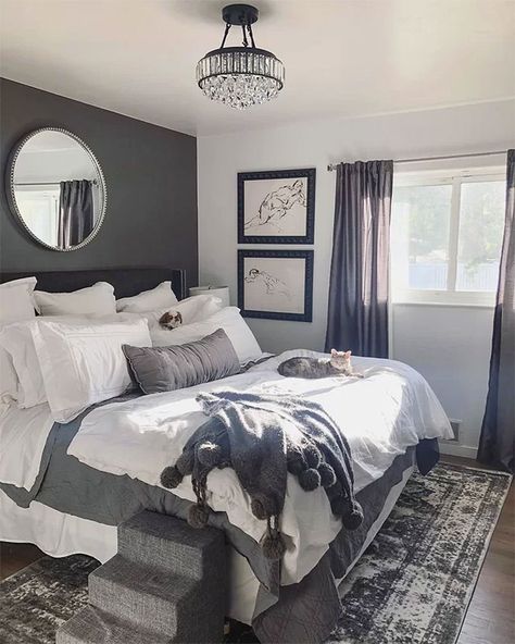 Gray Casual Elegance Bedroom | Gray Bedroom Designs We Love | Art & Home #HomeDecor #InteriorDesign Dark Gray Bedroom, Grey Bedroom Design, Gray Bedroom Walls, Dekorasi Kamar Tidur, Grey Bedroom, Couple Bedroom, Gray Bedroom, Chic Bedroom, Organization Bedroom