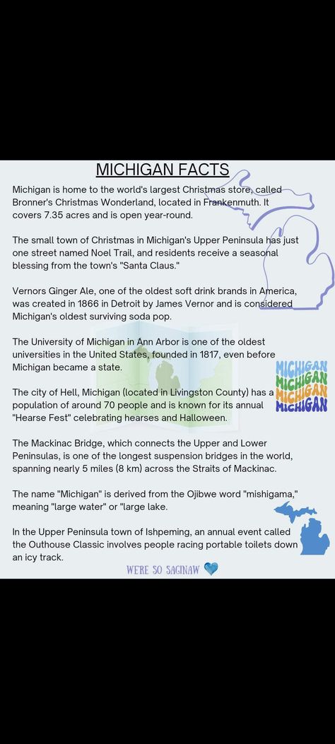 Michigan Facts, Friendship And Dating, Drinks Brands, Upper Peninsula, Christmas Wonderland, Street Names, Christmas Store, University Of Michigan, Ginger Ale