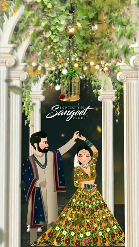 Sangeet Night Invitation, Sangeet Invitation, Caricature Invitation, Couple Wedding Invitation, Cartoon Wedding Invitations, Caricature Wedding Invitations, Bride And Groom Cartoon, Sangeet Night, Wedding Card Design Indian