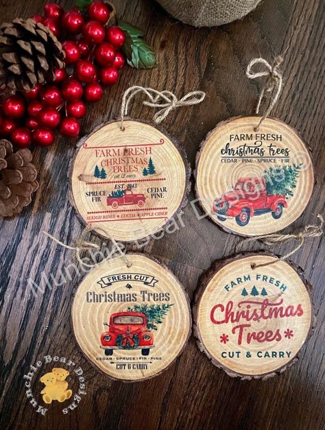 Wooden Farmhouse Christmas Tree Ornaments, Christmas Tree Farm Ornaments, Fresh Cut Tree With Red Truck Sign, Red Truck Ornaments, Chrstimas Tree Farm, Rustic Christmas Ornaments, Farmhouse Ornaments, Fresh Christmas Trees, Wood Slice Ornament