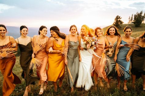 32 Stunning Satin Bridesmaids Dresses for a Stylish Bridal Party - Green Wedding Shoes Brown Bridesmaid Dresses, Silk Bridesmaid Dresses, Lavender Bridesmaid Dresses, Orange Bridesmaid, Orange Bridesmaid Dresses, Floral Bridesmaid Dresses, Fall Bridesmaid Dresses, Black Bridesmaids, Mountain Bride