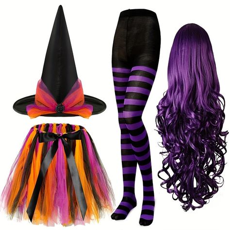 Faster shipping. Better service Witch Tutu Costume, Witch Tutu, Halloween Witch Costume, Bat Costume, Ballerina Skirt, Halloween Tutu, Purple Wig, Witch Halloween Costume, Striped Tights