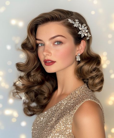 Retro Waves Christmas Hairstyle: Classic Vintage Glam Waves Short Hair Big Curls, Hollywood Glam Hairstyles, Hollywood Glam Hair, Classic Makeup Looks, Christmas Hairstyle, Formal Hairstyle, Retro Curls, Hollywood Curls, Glamour Look