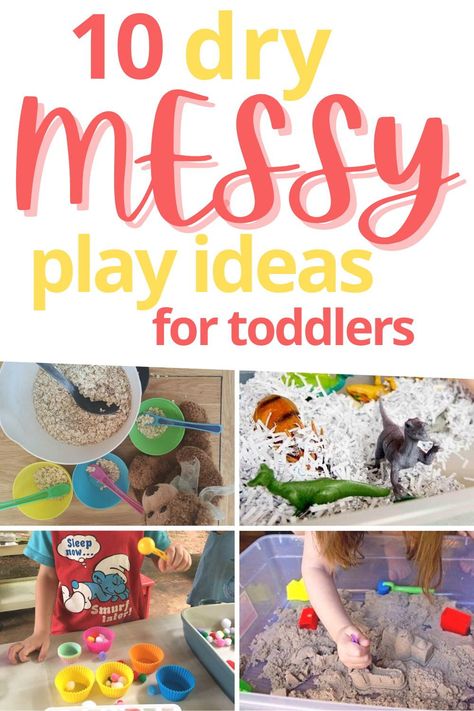 Messy play is a sensory activity important for toddlers, babies, 1 year olds & 2 year olds, young kids preschoolers infants. Easy quick fun dry messy play activities for one two year olds. Diy sensory play activities using colored rice, pasta, beans, with food, household items, no food, playdough, no-mess, taste safe sensory play for play bin, messy Tuff tray. Baby sensory activities messy play ideas toddlers, 12-18 18 month olds 18-24 months old, indoors at home kindergarten, in the classro Dry Messy Play, Messy Tuff Tray, Food Playdough, Messy Play For Toddlers, Baby Sensory Activities, Toddler Messy Play, Diy Sensory Play, Taste Safe Sensory Play, Messy Play Ideas