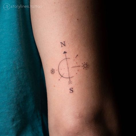 Directional Tattoos, Ome Direction Tattoo, Cardinal Directions Tattoo, One Direction Arrow Tattoo, Small Fine Line Compass Tattoo, Mo Ganji, Tricep Tattoos, Sun Tattoos, Tattoos Gallery