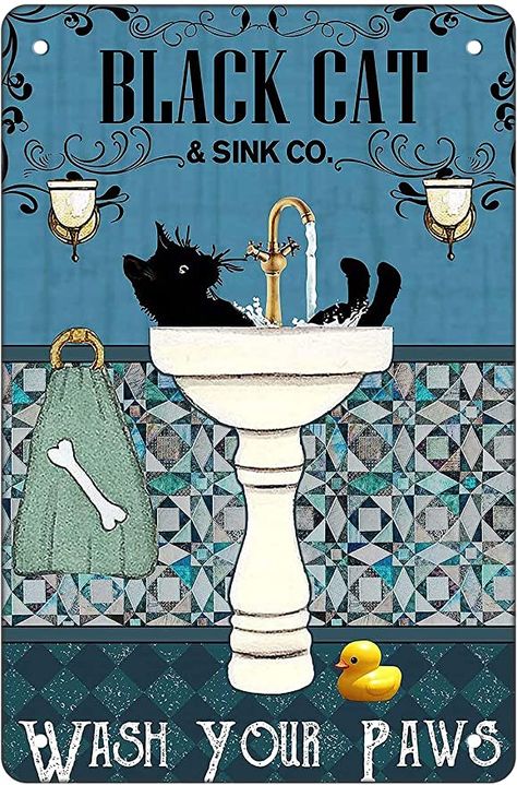 Amazon.com: AntSwegg Funny Bathroom Vintage Metal Tin Sign Black Cat for Cat Lovers Gifts Cat Wall Decor Posters-WASY YOUR PAWS-Home Office Farmhouse Cafe Bar Restaurant Toilet Bathroom Wall Decor Art 8x12 in : Home & Kitchen Restaurant Toilet, Metal Bathroom Walls, Cat Side, Cat Bathroom, Bathroom Retro, Farmhouse Cafe, Cat Wash, Office Farmhouse, Bathroom Vintage