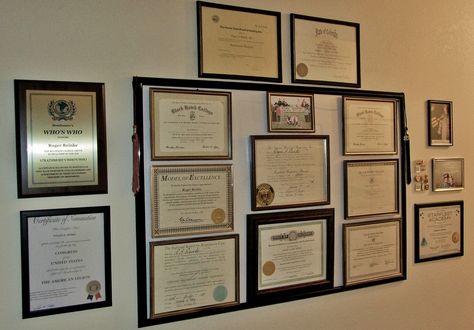 My Certification/Licenses/Achievement wall Certification Wall Display, Certification Aesthetic, Accomplishment Wall, Diploma Display Wall, Award Aesthetic, Awards Aesthetic, Achievement Wall, Certificate Wall, Award Wall