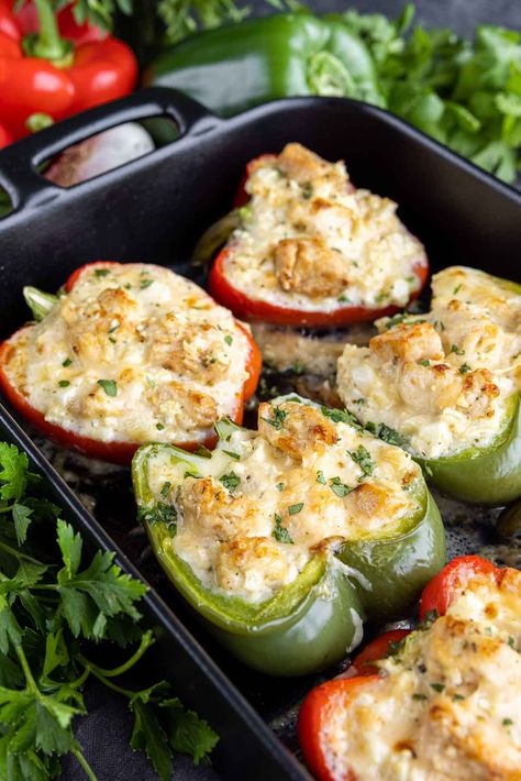 For these keto chicken alfredo stuffed peppers we've packed seasoned chicken, creamy Alfredo sauce, and cauliflower rice into bell peppers and topped it all with mozzarella cheese for a keto twist on a classic. These low carb stuffed peppers are an awesome keto dinner idea with delicious chicken and creamy sauce made into delicious keto stuffed peppers. They are an easy weeknight dinner that is a great keto diet recipe! Chicken Stuffed Peppers Keto, Chicken Alfredo Stuffed Peppers, Alfredo Stuffed Peppers, Chicken Stuffed Bell Peppers, Keto Stuffed Chicken, Stuffed Peppers Keto, Keto Chicken Alfredo, Stuffed Bell Peppers Chicken, Low Carb Stuffed Peppers