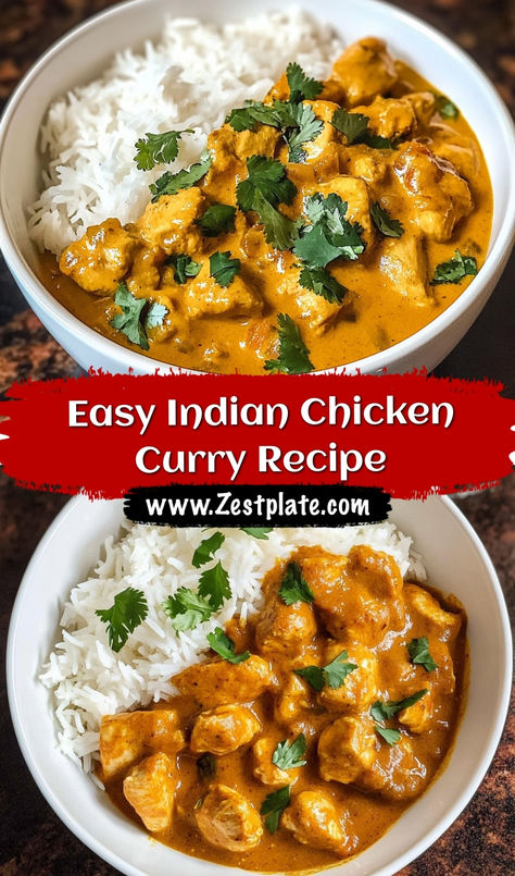 Easy Indian Chicken Curry Recipe A rich and aromatic dish, this Indian chicken curry is quick to make and brimming with flavor. Tender chicken pieces simmer in a creamy sauce of coconut milk and yogurt, enhanced with warm spices like curry powder, cinnamon, and paprika. A touch of ginger and a hint of lemon juice add freshness, while cayenne provides gentle heat. Perfect for weeknight meals, this curry pairs wonderfully with steamed rice or naan, offering a homemade taste of India in just 45 minutes. Chicken Curry Recipe No Coconut Milk, Easy Chicken Curry Recipe Indian, Recipes Using Curry Powder, Easy Curry Chicken Recipes Simple, One Pot Chicken Curry, Creamy Chicken Curry Recipe, Healthy Chicken Curry Recipes, Chicken Curry Recipe Without Coconut Milk, Recipes With Curry Powder