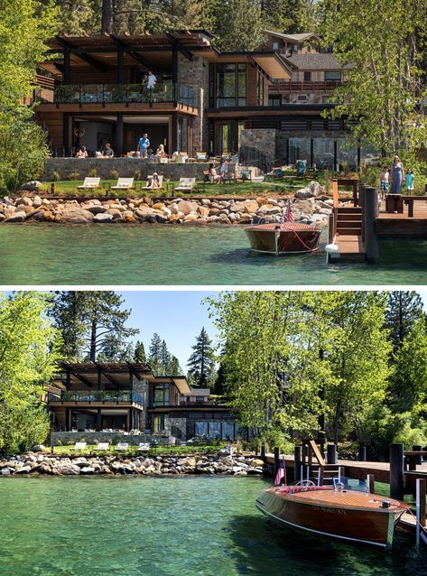 North Carolina Lake House, Spa Building Exterior, Lake House Ideas Outdoor, Lake Tahoe Hotels, Floor Dining, Home Designs Exterior, Lake Houses Exterior, Modern Lake House, Outdoor Spa