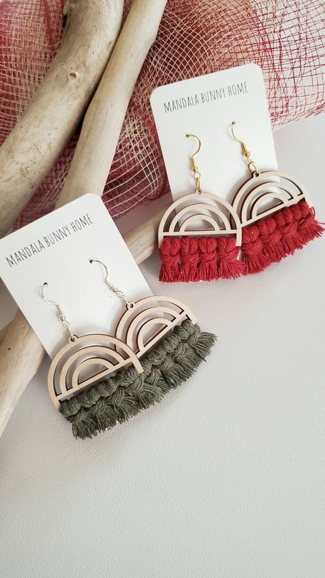 These beautiful and colorful handmade boho earrings are perfect for adding a touch of fun and flair to any outfit. Each earring features a colorful tassel made from high-quality macrame yarn, and they're attached to a hypoallergenic surgical steel post. They're perfect for both everyday wear and special occasions. So tap to buy now and add a little bit of sunshine to your day! Macrame Decor Ideas, Macrame Wood, Earrings With Tassels, Wood Rainbow, Macrame Yarn, Polymer Clay Gifts, Boho Color, Macrame Plant Holder, Boho Macrame