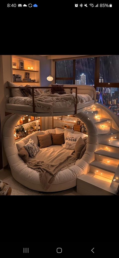 Swinging Bed Bedroom, Dark Romantic Living Room, Mountain Mansion, Circle Bed, Dream Bedroom Inspiration, Bed In Corner, Round Beds, Dream House Rooms, Design Your Dream House