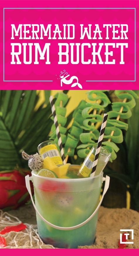 Really soak up the rays of the sweet summer sun with this whole entire rum bucket in hand(s). It's full of a bright blue Mermaid Water cocktail, and topped off with even more rum minis. Vacation Alcohol Drinks, Sand Bucket Cocktails, Summer Bucket Drinks Alcohol, Drink Bucket Recipes, Summer Bucket Drinks, Boozy Bucket Recipes, Alcohol Bucket Drinks, Sand Bucket Alcohol Drink, Drink Bucket Ideas