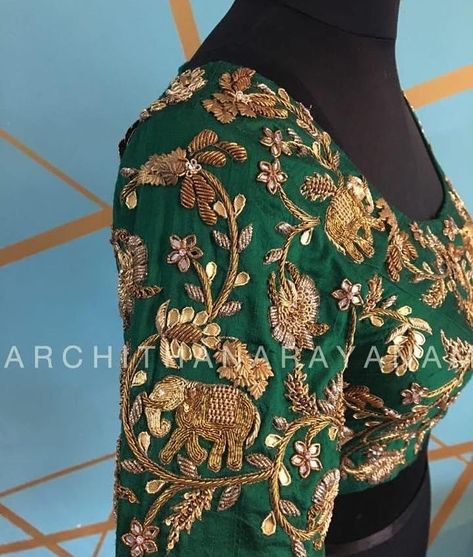 Embroidery work blouse . . . . . . . .#southindianfashion #embroideryblouse#blousefashion#kancheevaramsarees#silksarees#latesttrends#aariwork#handembroidery#traditionalblouse#designerblouses#silkblouseembroidery #sleevesdesign Green Blouse Designs, Saree Blouse Styles, Zardosi Work, Eye Green, Saree Blouse Neck Designs, Wedding Saree Blouse Designs, Lehenga Blouse Designs, Wedding Blouse Designs, New Blouse Designs