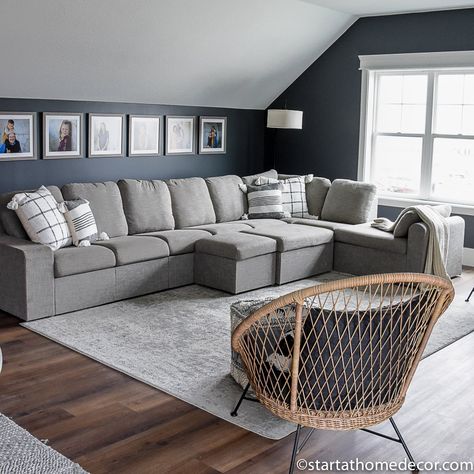 Moody Bonus Room, Rooms Over Garage Ideas, Grey Couch Throw Pillows, Attic Bonus Room, Bonus Room Decorating, Decorating Around A Tv, Bonus Room Design, Modern Farmhouse Wall Art, Room Above Garage