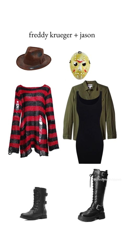 Jason Woman Costume, Freddie And Jason Couple Costume, Halloween Costumes Women Freddy Kruger, Womens Jason Costume, Freddy Kruger Woman Costume, Latina Halloween Costume Ideas, Jason Costume Women, Jason Halloween Costume Women, Jason Halloween Costume