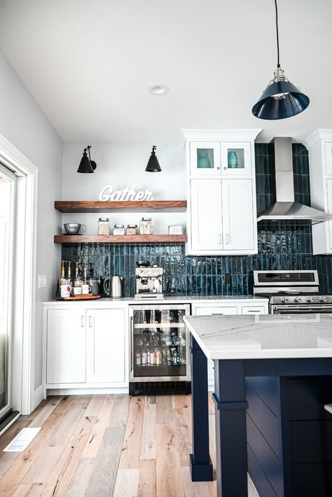 Farmhouse Kitchen Pantry, White Farmhouse Kitchen, Coffee Bars In Kitchen, Kitchen Farmhouse, White Farmhouse, Exposed Brick, Kitchen Pantry, Coffee Kitchen, Farmhouse Kitchen