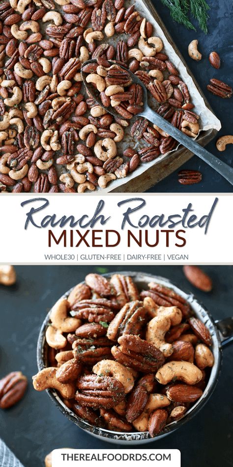 Ranch Roasted Mixed Nuts | whole30 snack | gluten-free mixed nuts | dairy-free snack | vegan mixed nuts | healthy snack recipe | gluten-free snack || The Real Food Dietitians #whole30recipes #glutenfree Healthy Snack Recipe, Detox Diets, Whole 30 Snacks, Real Food Dietitians, Dairy Free Snacks, Elimination Diet, Healthy Holidays, Gluten Free Snacks, Mixed Nuts