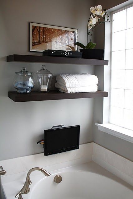 shelves above the tub in the master bathroom, yes! Wondering what to do with all that wall space. Vanity Shelves, Walk In Shower Designs, Bathtub Decor, Rustic Bathroom Designs, Master Decor, Bathroom Redo, Trendy Bathroom, Rustic Bathroom, Bathtubs