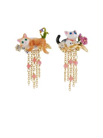 LES NEREIDES LOVES ANIMALS CAT ON FLOWERED BRANCH AND CHAINS ASYMMETRICAL CLIP EARRINGS Les Nereides, Animal Bag, Asymmetrical Earrings, Steampunk Accessories, Animal Earrings, Jewel Box, Pretty Jewellery, Flower Making, Cute Jewelry